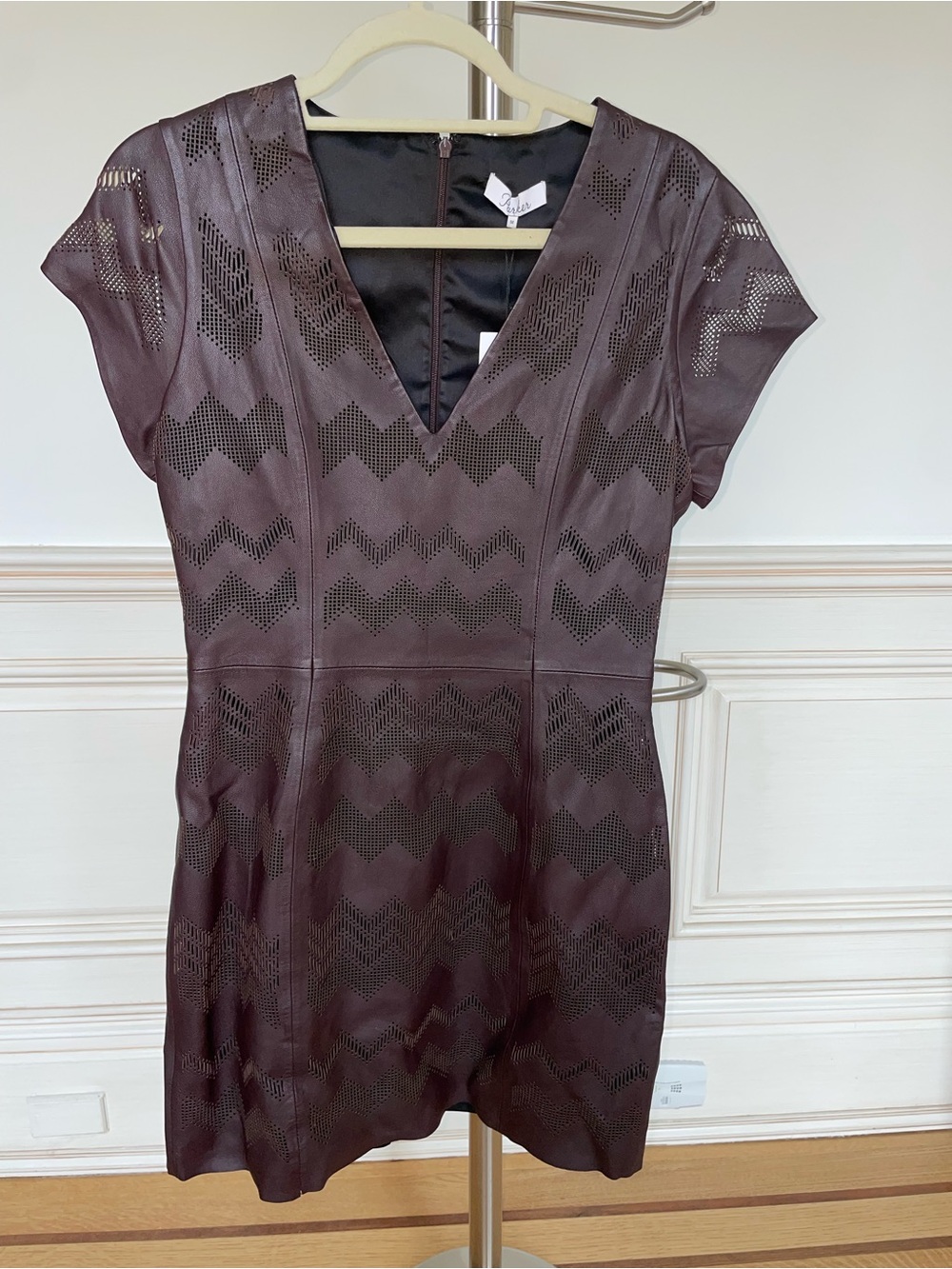 Parker Leather Mini Dress V-Neck Cap Sleeve Bordeaux/Burgandy
